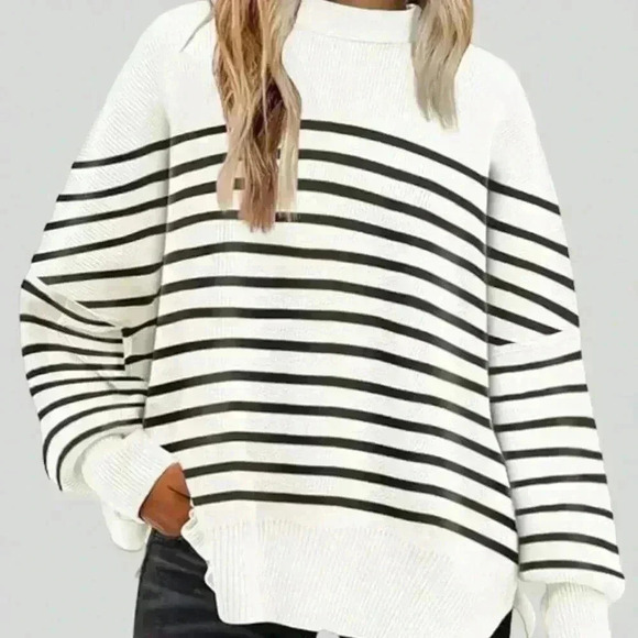 White Casual Women's Crew Neck Long Sleeve Striped Design Pullover Sweater - Picture 3 of 3